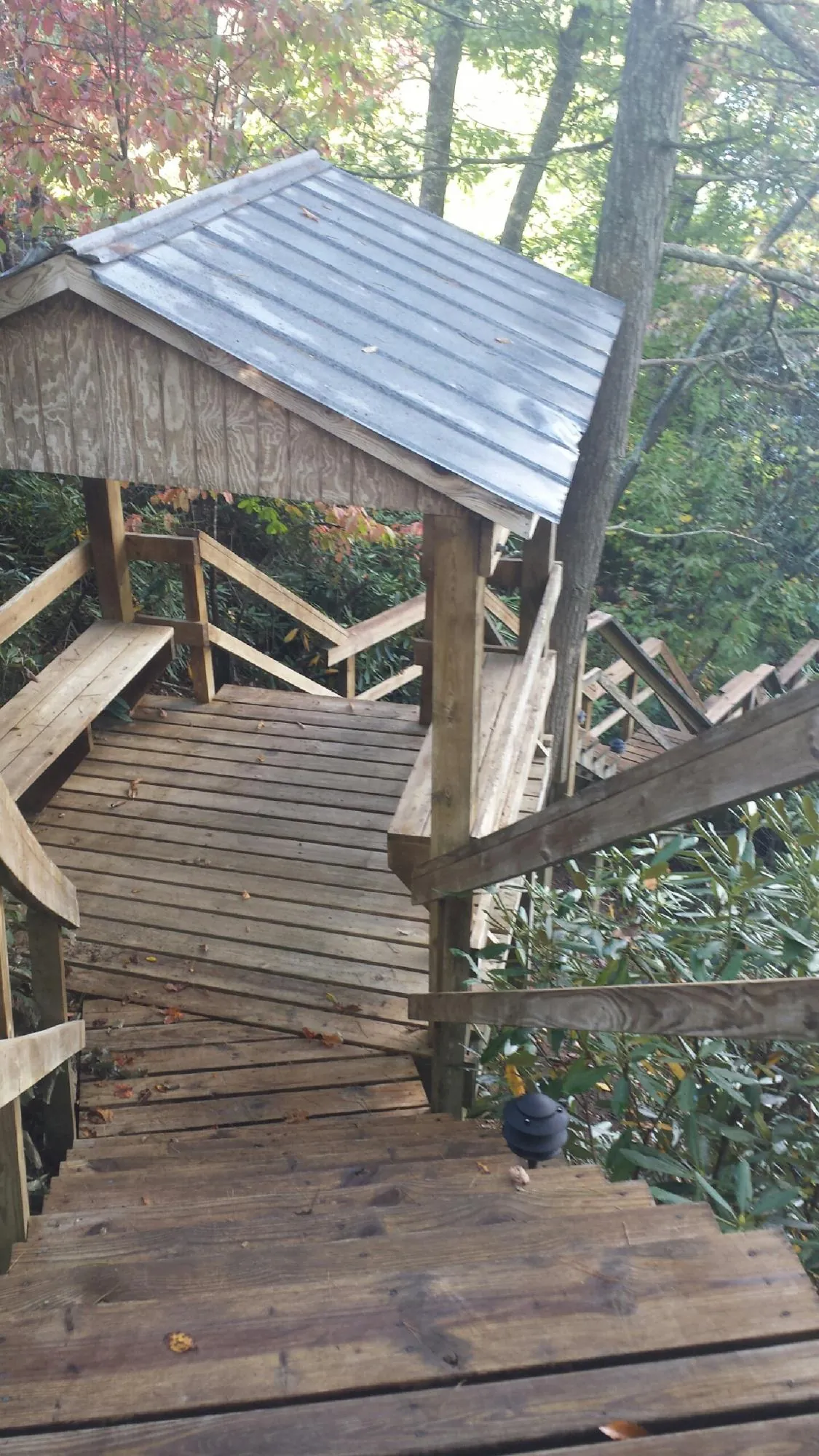 Metal roofed shelter over wooden steps on a wooded walkway — Skylight Repair & Installation work by our crew in Stanfield